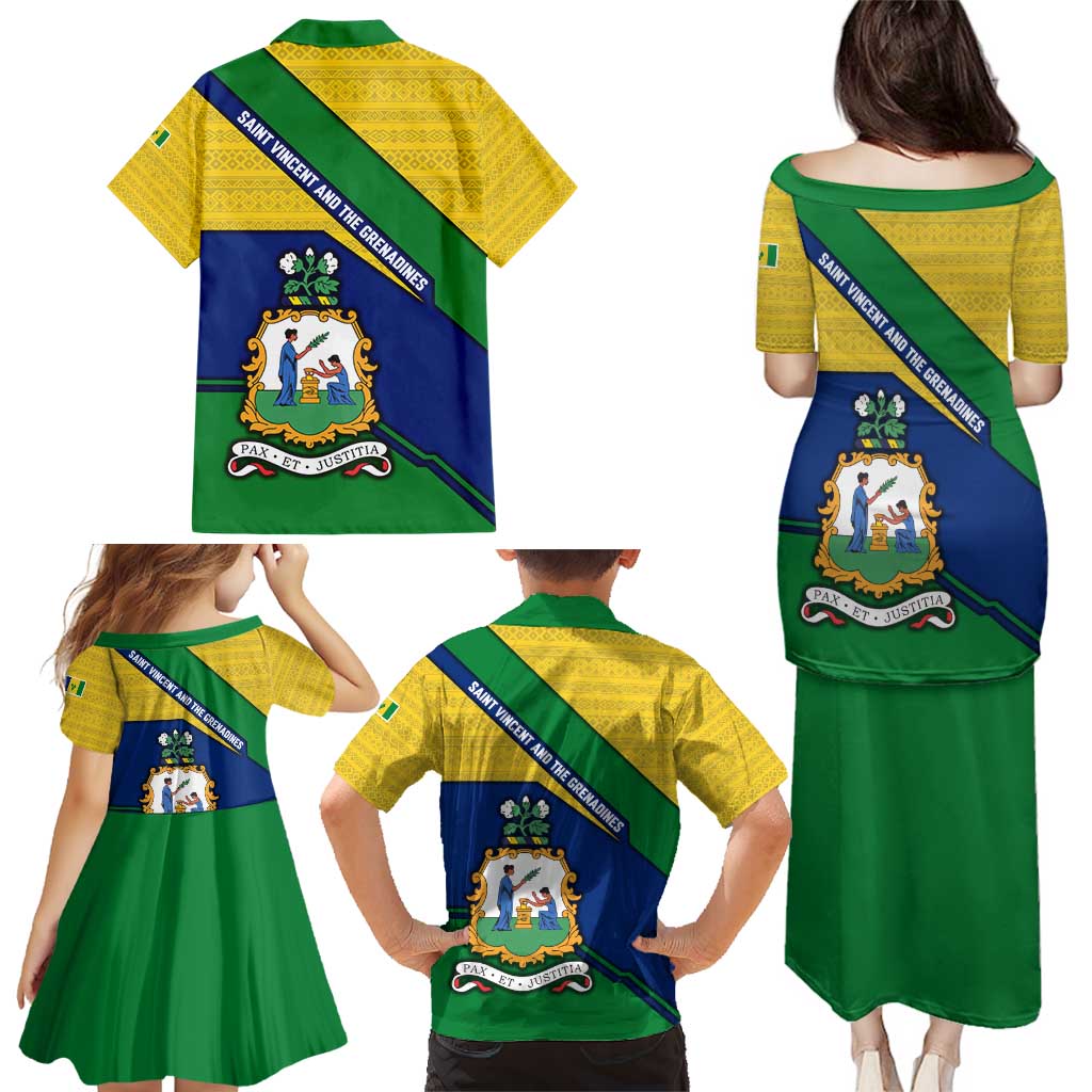 Saint Vincent and the Grenadines Flag Family Matching Puletasi and Hawaiian Shirt Coat of Arms and National Colors - Wonder Print Shop