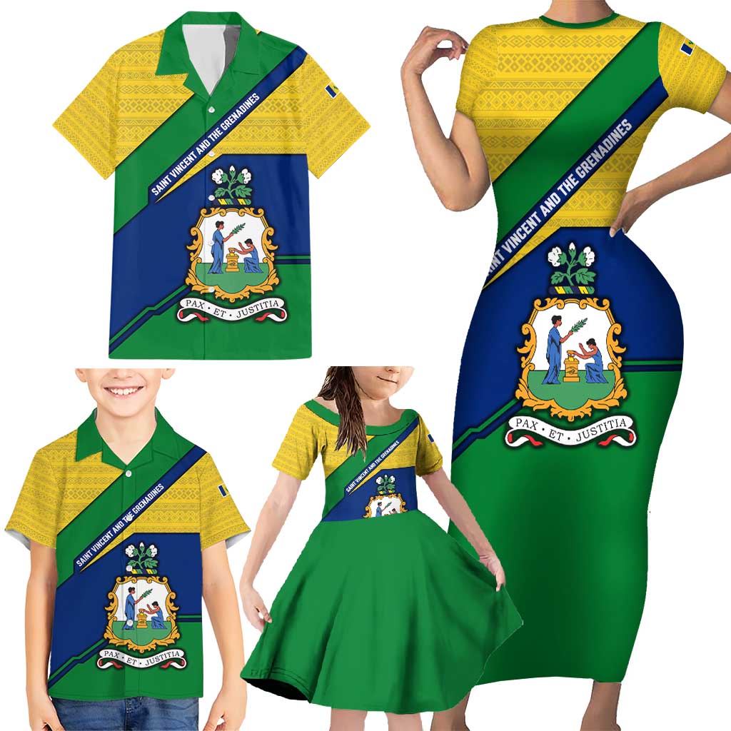 Saint Vincent and the Grenadines Flag Family Matching Short Sleeve Bodycon Dress and Hawaiian Shirt Coat of Arms and National Colors - Wonder Print Shop