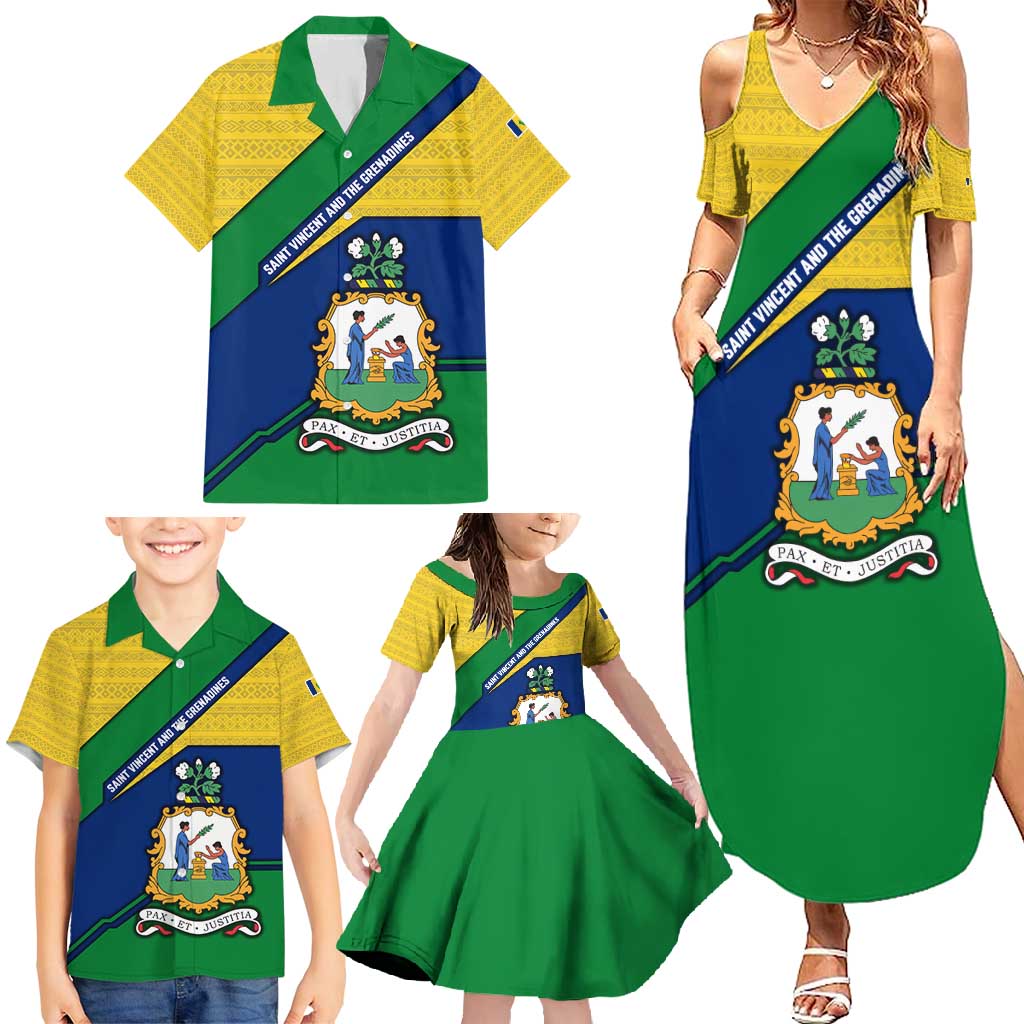 Saint Vincent and the Grenadines Flag Family Matching Summer Maxi Dress and Hawaiian Shirt Coat of Arms and National Colors - Wonder Print Shop