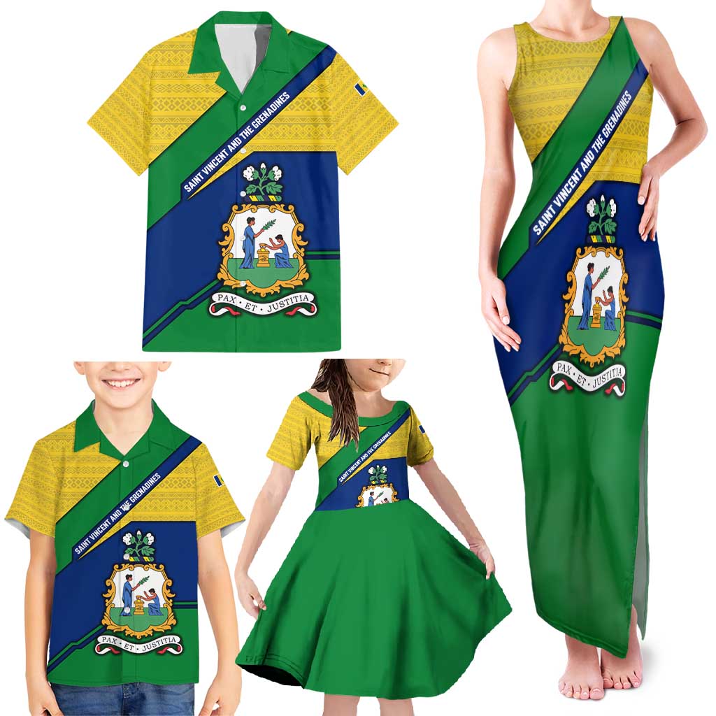 Saint Vincent and the Grenadines Flag Family Matching Tank Maxi Dress and Hawaiian Shirt Coat of Arms and National Colors - Wonder Print Shop