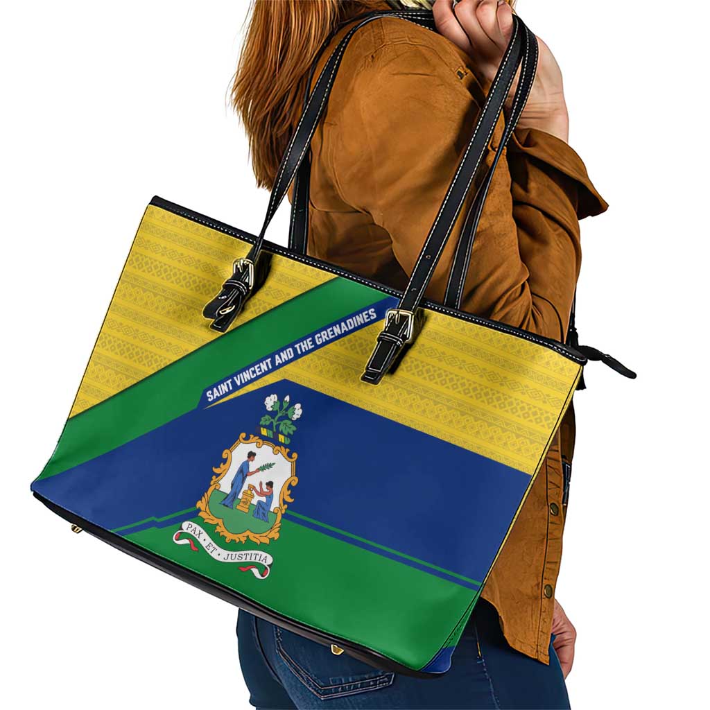 Saint Vincent and the Grenadines Flag Leather Tote Bag Coat of Arms and National Colors - Wonder Print Shop