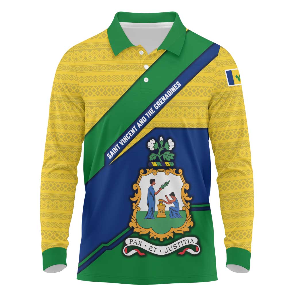 Saint Vincent and the Grenadines Flag Long Sleeve Polo Shirt Coat of Arms and National Colors - Wonder Print Shop