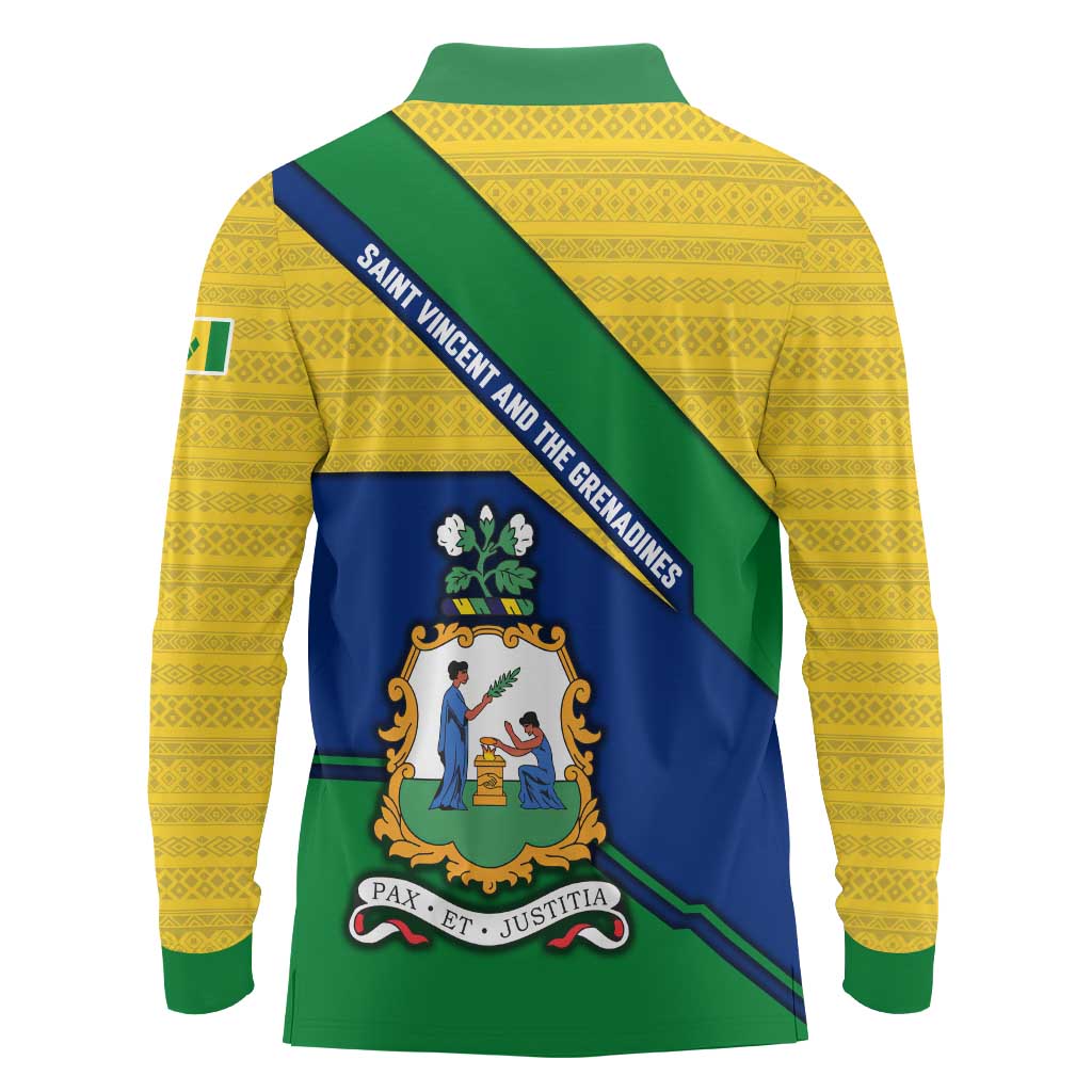 Saint Vincent and the Grenadines Flag Long Sleeve Polo Shirt Coat of Arms and National Colors - Wonder Print Shop