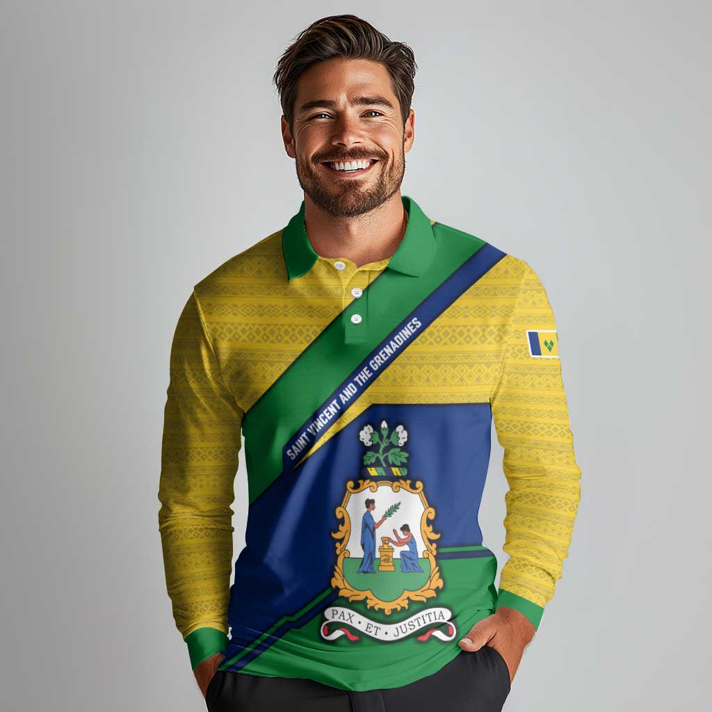 Saint Vincent and the Grenadines Flag Long Sleeve Polo Shirt Coat of Arms and National Colors - Wonder Print Shop