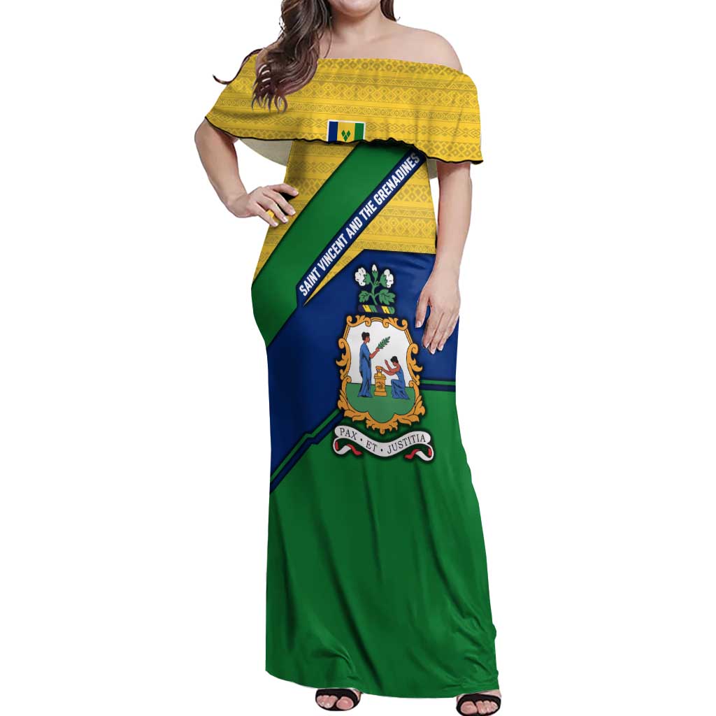 Saint Vincent and the Grenadines Flag Off Shoulder Maxi Dress Coat of Arms and National Colors - Wonder Print Shop