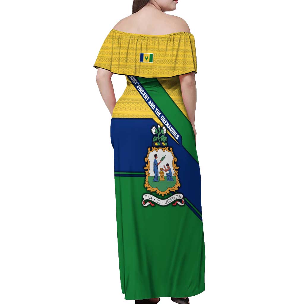 Saint Vincent and the Grenadines Flag Off Shoulder Maxi Dress Coat of Arms and National Colors - Wonder Print Shop