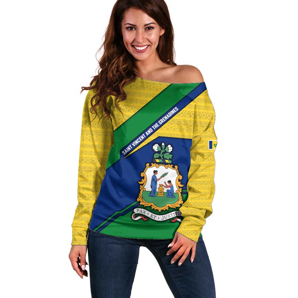 Saint Vincent and the Grenadines Flag Off Shoulder Sweater Coat of Arms and National Colors - Wonder Print Shop