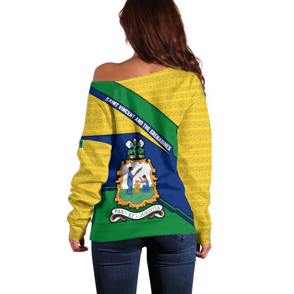 Saint Vincent and the Grenadines Flag Off Shoulder Sweater Coat of Arms and National Colors - Wonder Print Shop