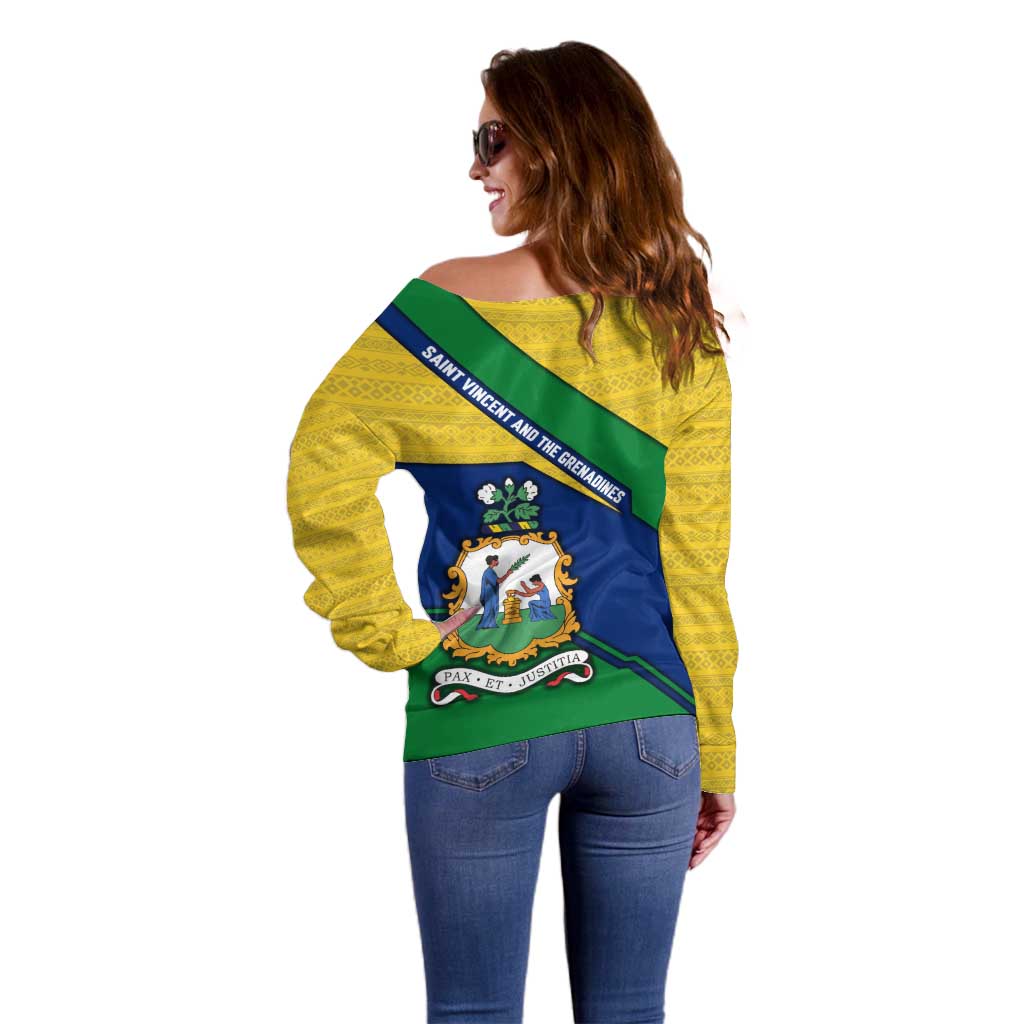 Saint Vincent and the Grenadines Flag Off Shoulder Sweater Coat of Arms and National Colors - Wonder Print Shop