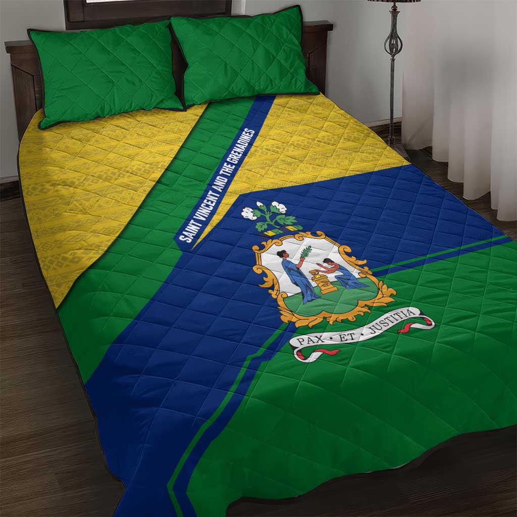 Saint Vincent and the Grenadines Flag Quilt Bed Set Coat of Arms and National Colors - Wonder Print Shop