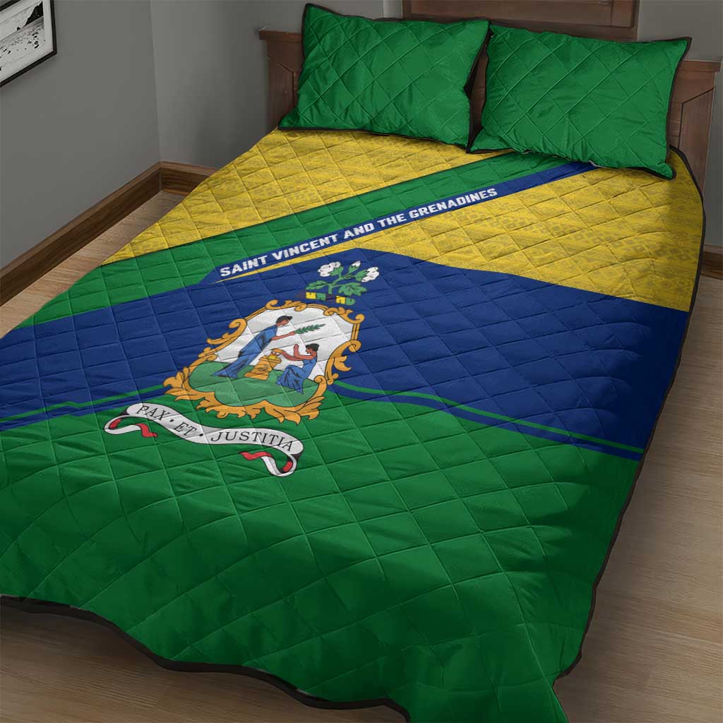 Saint Vincent and the Grenadines Flag Quilt Bed Set Coat of Arms and National Colors - Wonder Print Shop