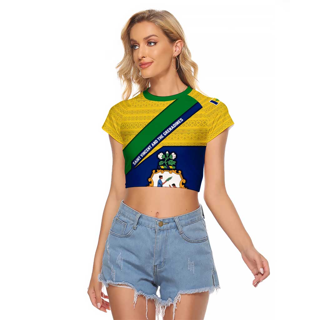 Saint Vincent and the Grenadines Flag Raglan Cropped T Shirt Coat of Arms and National Colors - Wonder Print Shop