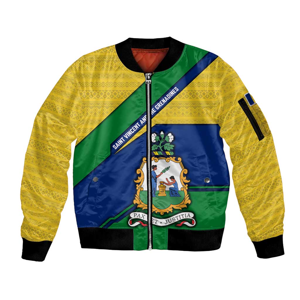Saint Vincent and the Grenadines Flag Sleeve Zip Bomber Jacket Coat of Arms and National Colors - Wonder Print Shop