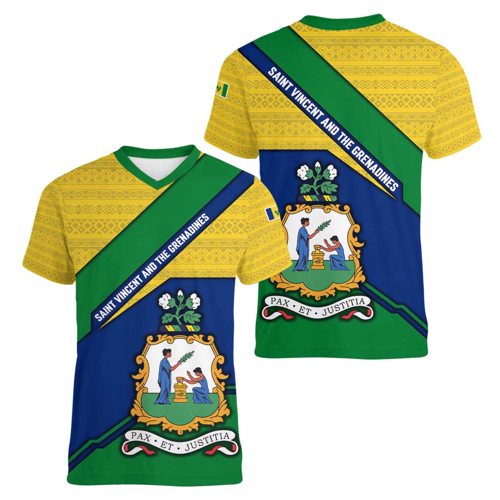 Saint Vincent and the Grenadines Flag Women V-Neck T-Shirt Coat of Arms and National Colors - Wonder Print Shop