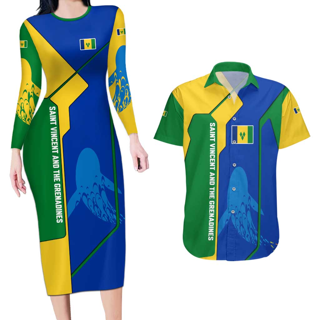 Saint Vincent and the Grenadines Flag Wave Map Couples Matching Long Sleeve Bodycon Dress and Hawaiian Shirt Caribbean Island Pride Pullover - Wonder Print Shop