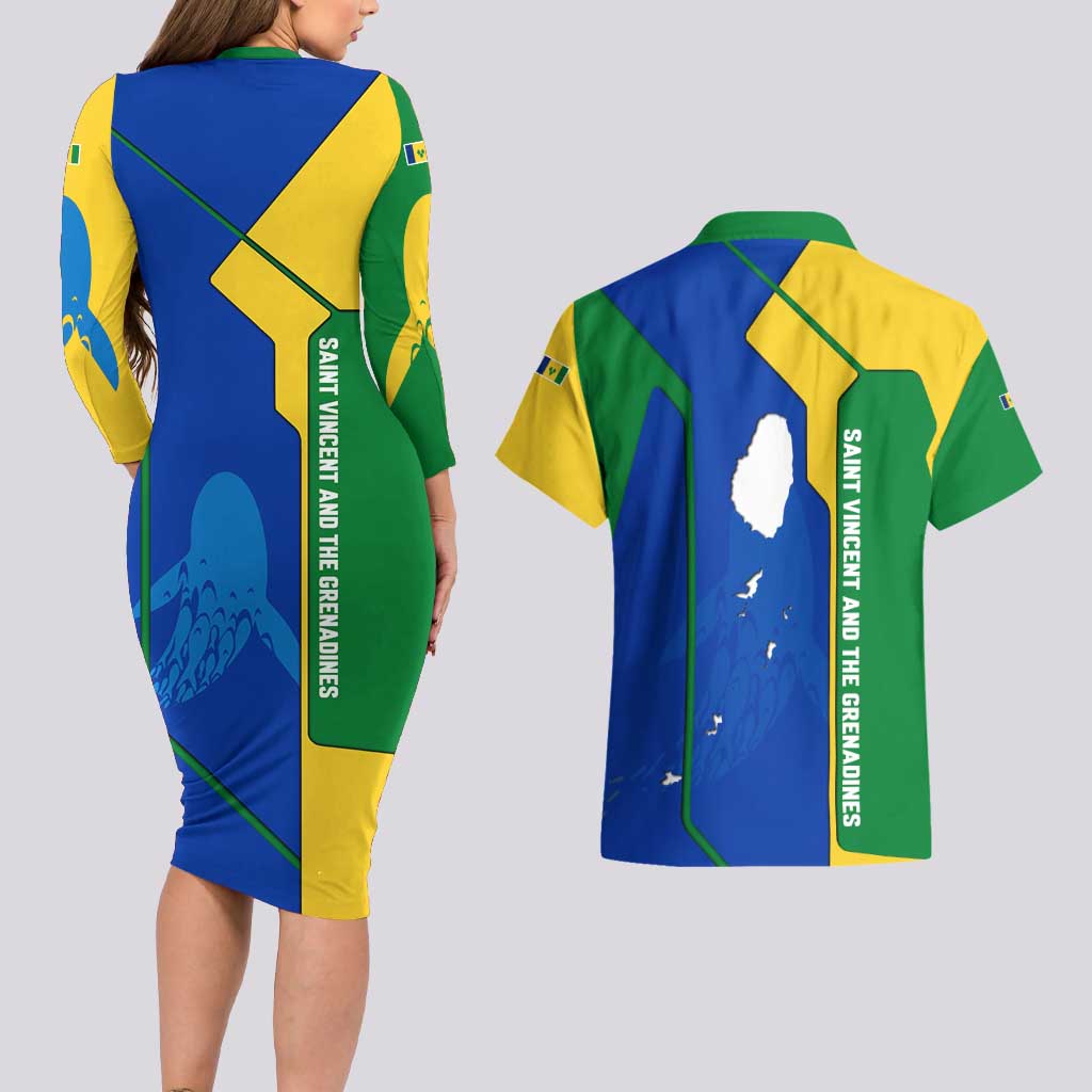 Saint Vincent and the Grenadines Flag Wave Map Couples Matching Long Sleeve Bodycon Dress and Hawaiian Shirt Caribbean Island Pride Pullover - Wonder Print Shop