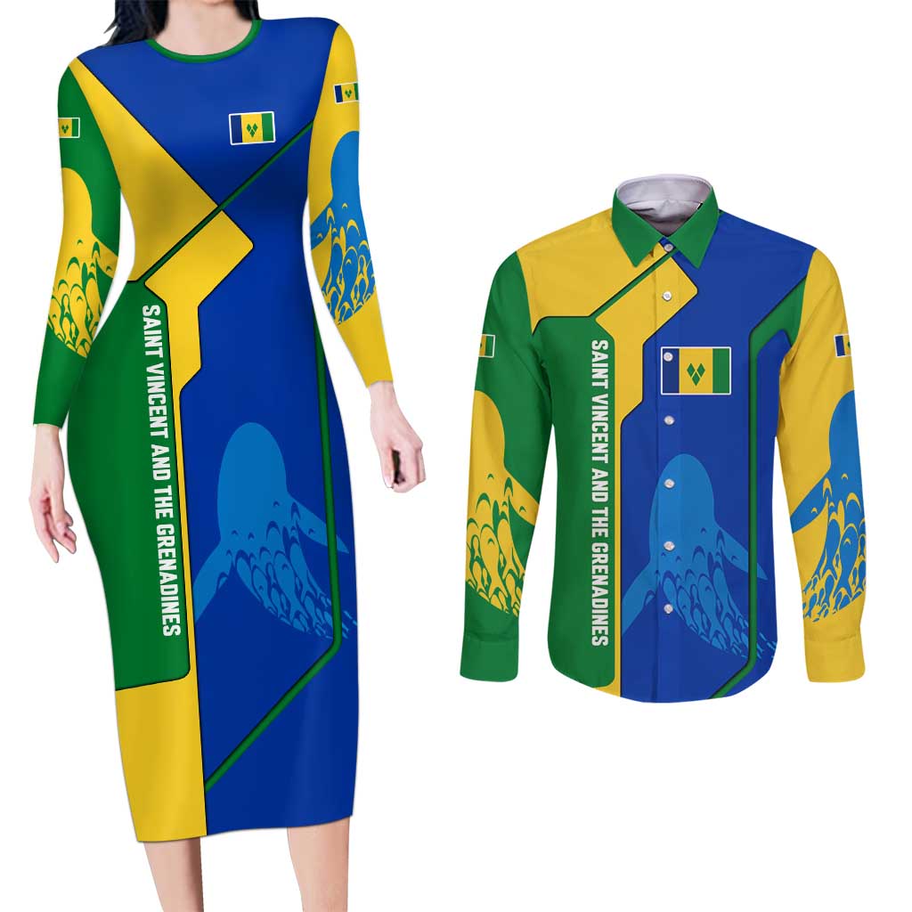 Saint Vincent and the Grenadines Flag Wave Map Couples Matching Long Sleeve Bodycon Dress and Long Sleeve Button Shirt Caribbean Island Pride Pullover - Wonder Print Shop