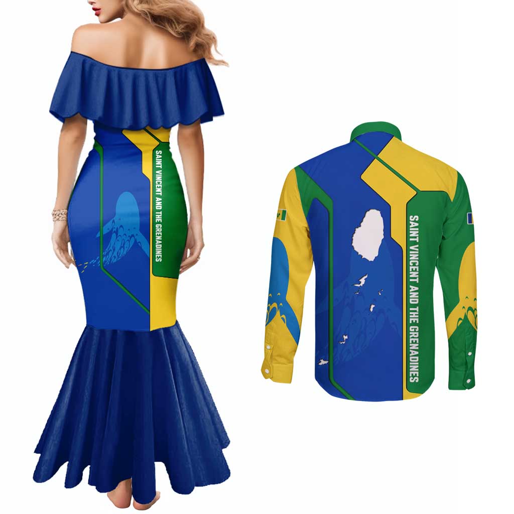 Saint Vincent and the Grenadines Flag Wave Map Couples Matching Mermaid Dress and Long Sleeve Button Shirt Caribbean Island Pride Pullover - Wonder Print Shop