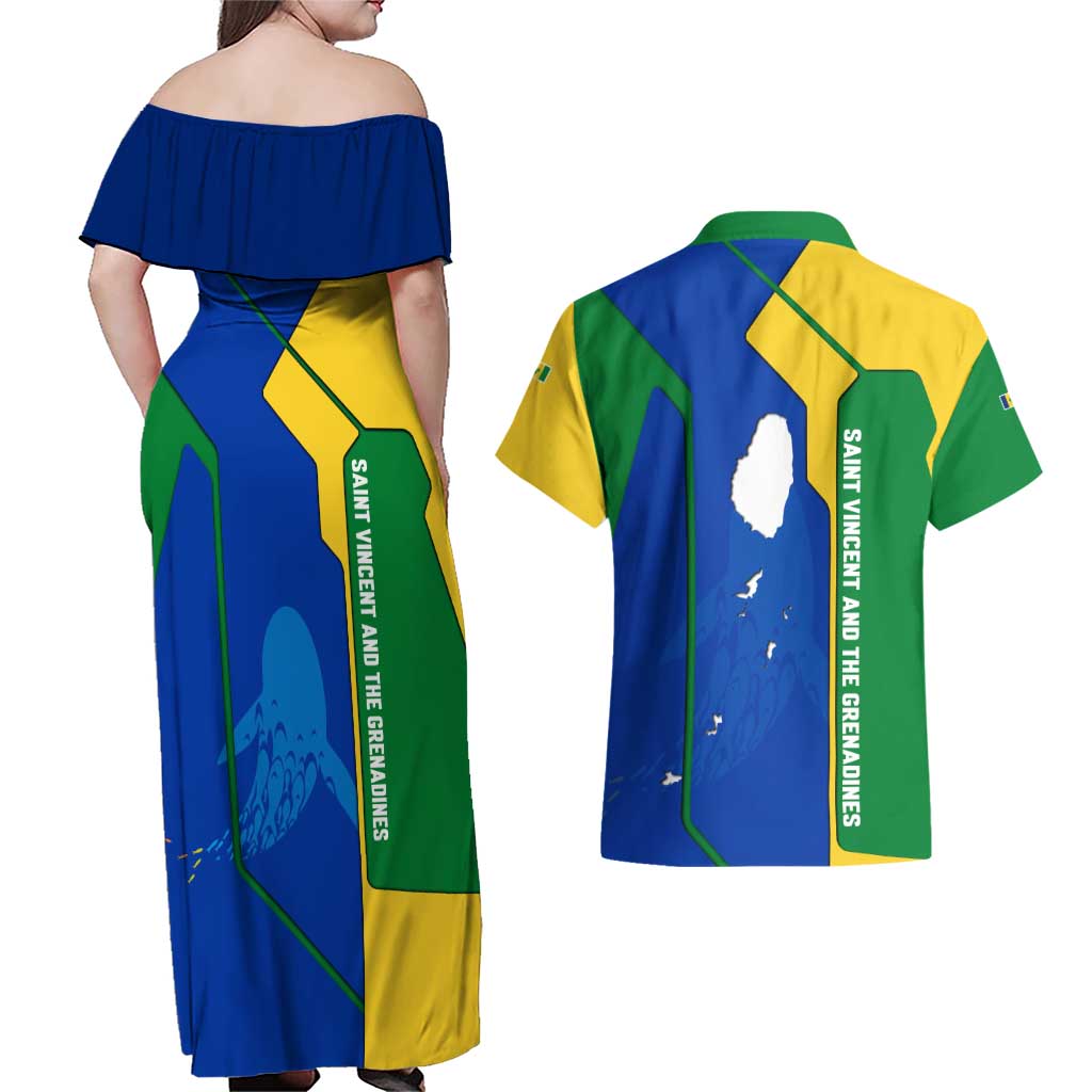 Saint Vincent and the Grenadines Flag Wave Map Couples Matching Off Shoulder Maxi Dress and Hawaiian Shirt Caribbean Island Pride Pullover - Wonder Print Shop