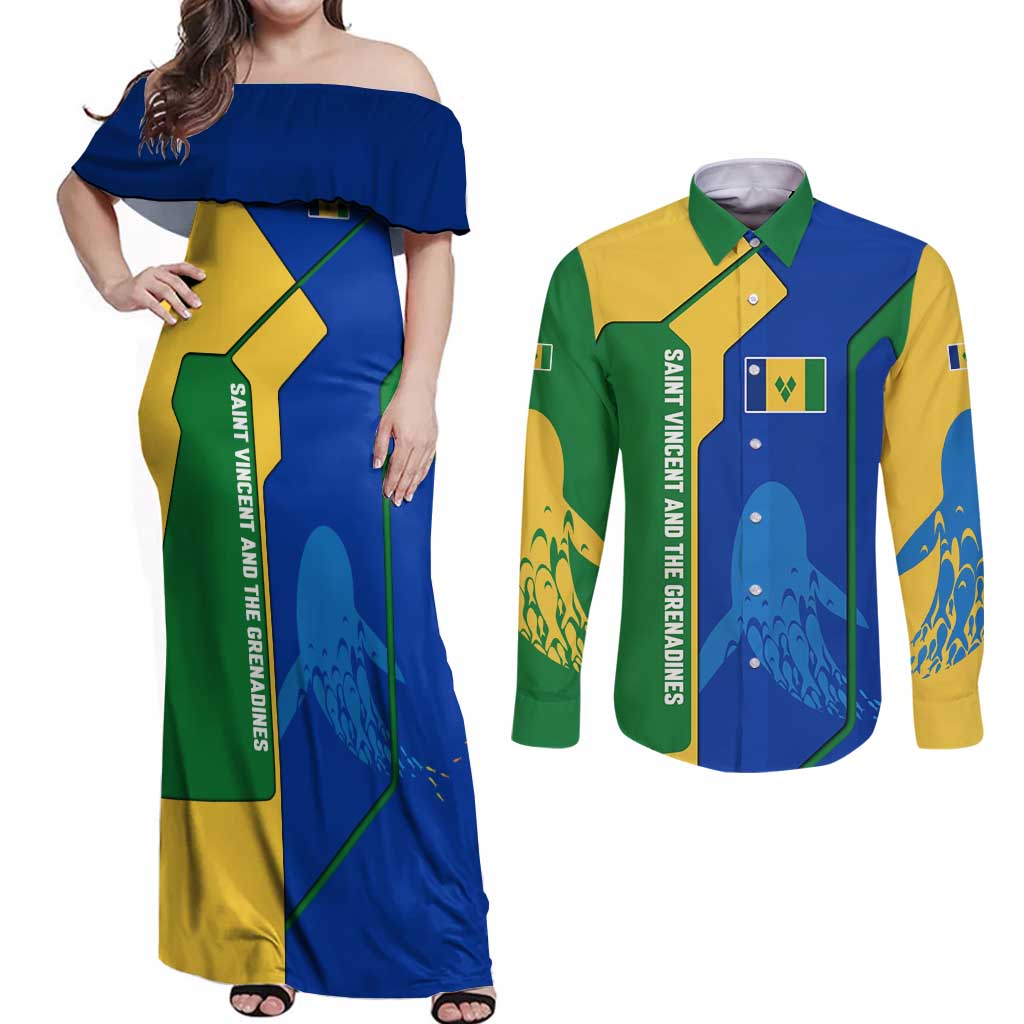 Saint Vincent and the Grenadines Flag Wave Map Couples Matching Off Shoulder Maxi Dress and Long Sleeve Button Shirt Caribbean Island Pride Pullover - Wonder Print Shop