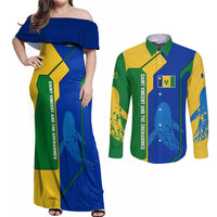 Saint Vincent and the Grenadines Flag Wave Map Couples Matching Off Shoulder Maxi Dress and Long Sleeve Button Shirt Caribbean Island Pride Pullover - Wonder Print Shop