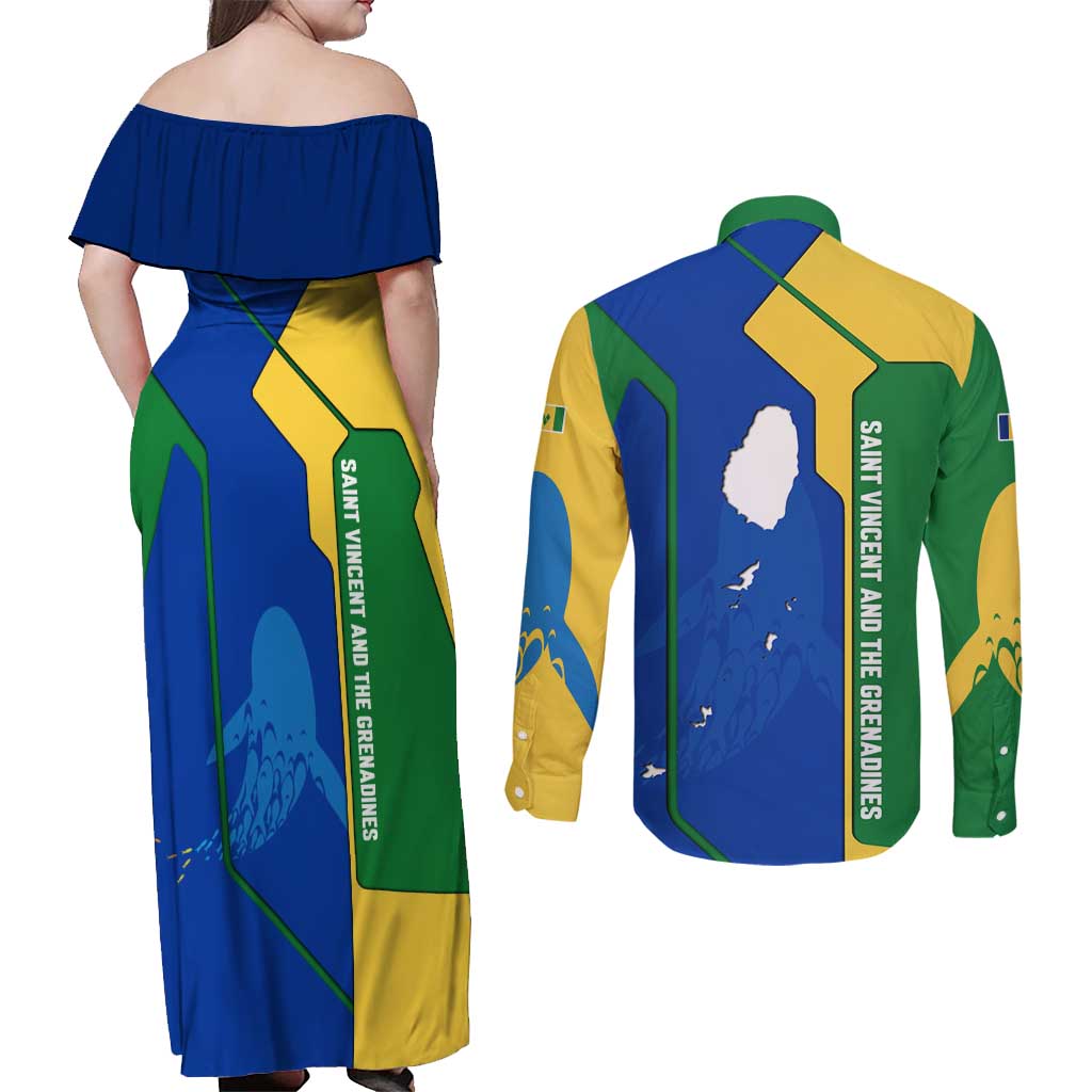 Saint Vincent and the Grenadines Flag Wave Map Couples Matching Off Shoulder Maxi Dress and Long Sleeve Button Shirt Caribbean Island Pride Pullover - Wonder Print Shop