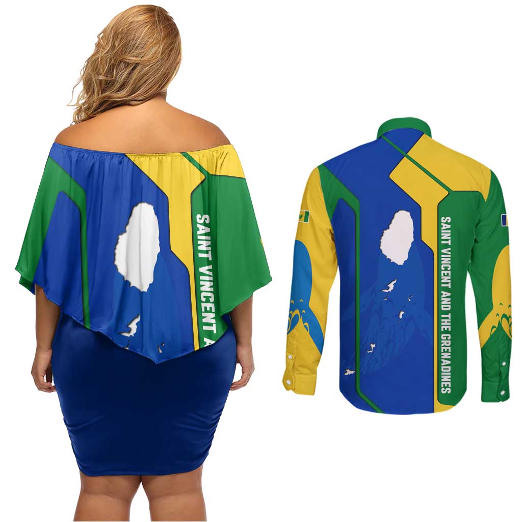 Saint Vincent and the Grenadines Flag Wave Map Couples Matching Off Shoulder Short Dress and Long Sleeve Button Shirt Caribbean Island Pride Pullover - Wonder Print Shop