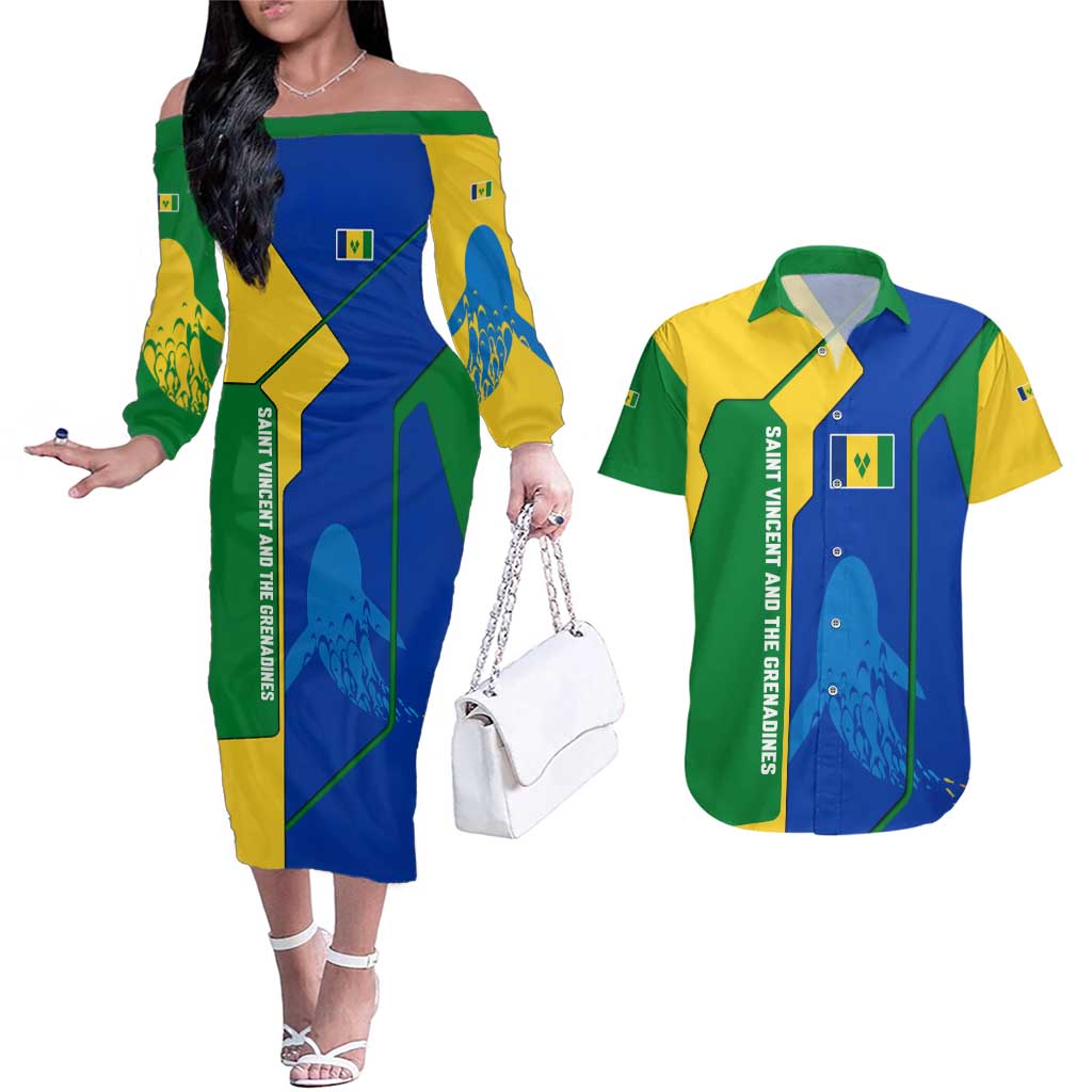 Saint Vincent and the Grenadines Flag Wave Map Couples Matching Off The Shoulder Long Sleeve Dress and Hawaiian Shirt Caribbean Island Pride Pullover - Wonder Print Shop