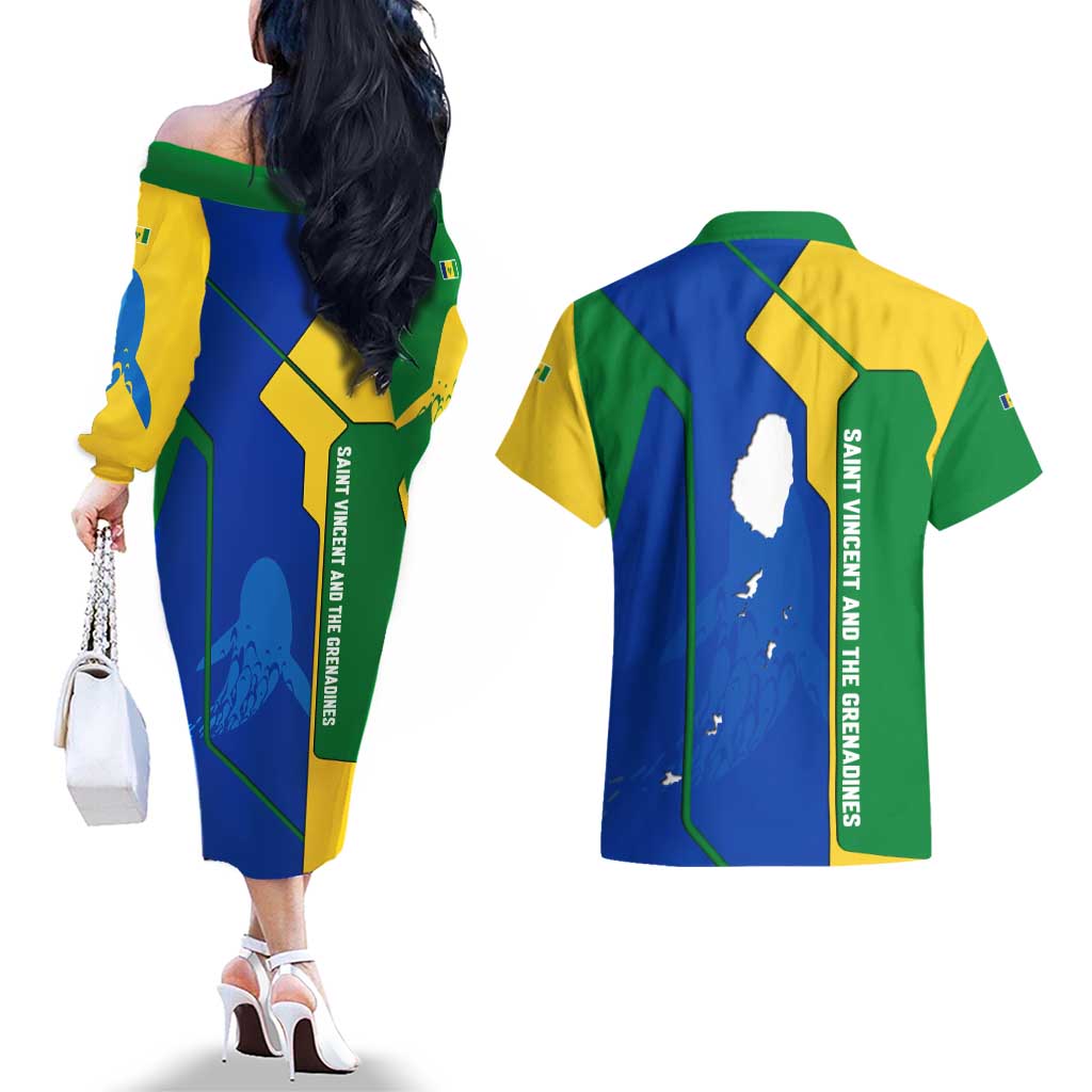 Saint Vincent and the Grenadines Flag Wave Map Couples Matching Off The Shoulder Long Sleeve Dress and Hawaiian Shirt Caribbean Island Pride Pullover - Wonder Print Shop