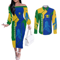 Saint Vincent and the Grenadines Flag Wave Map Couples Matching Off The Shoulder Long Sleeve Dress and Long Sleeve Button Shirt Caribbean Island Pride Pullover - Wonder Print Shop