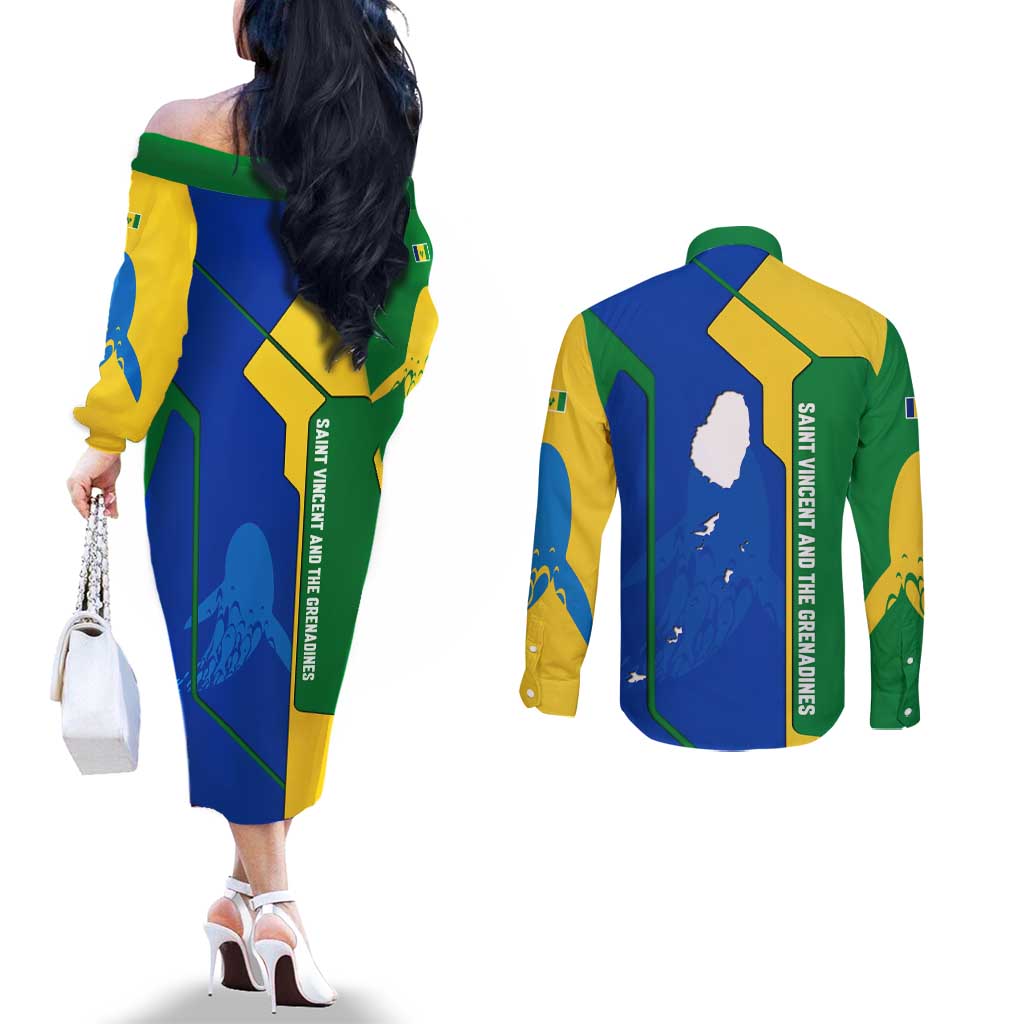 Saint Vincent and the Grenadines Flag Wave Map Couples Matching Off The Shoulder Long Sleeve Dress and Long Sleeve Button Shirt Caribbean Island Pride Pullover - Wonder Print Shop