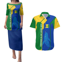 Saint Vincent and the Grenadines Flag Wave Map Couples Matching Puletasi and Hawaiian Shirt Caribbean Island Pride Pullover - Wonder Print Shop