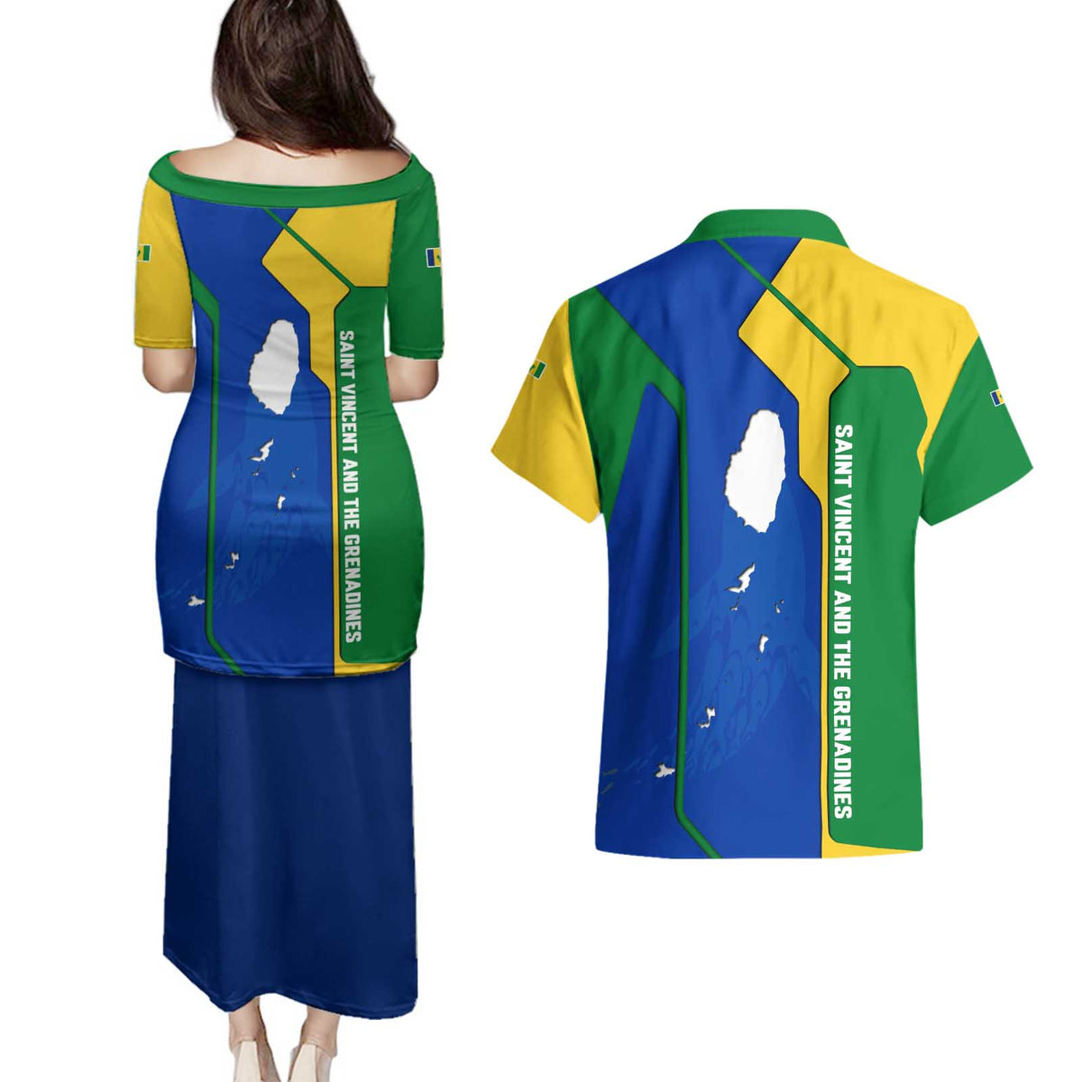 Saint Vincent and the Grenadines Flag Wave Map Couples Matching Puletasi and Hawaiian Shirt Caribbean Island Pride Pullover - Wonder Print Shop