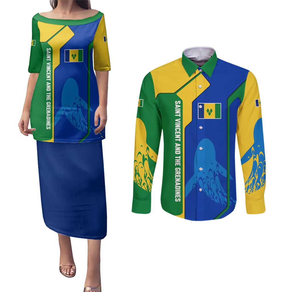 Saint Vincent and the Grenadines Flag Wave Map Couples Matching Puletasi and Long Sleeve Button Shirt Caribbean Island Pride Pullover - Wonder Print Shop