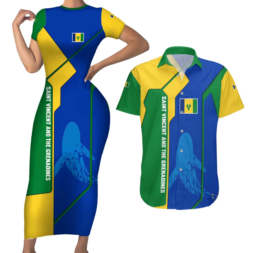 Saint Vincent and the Grenadines Flag Wave Map Couples Matching Short Sleeve Bodycon Dress and Hawaiian Shirt Caribbean Island Pride Pullover - Wonder Print Shop