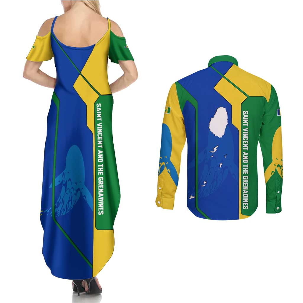 Saint Vincent and the Grenadines Flag Wave Map Couples Matching Summer Maxi Dress and Long Sleeve Button Shirt Caribbean Island Pride Pullover - Wonder Print Shop