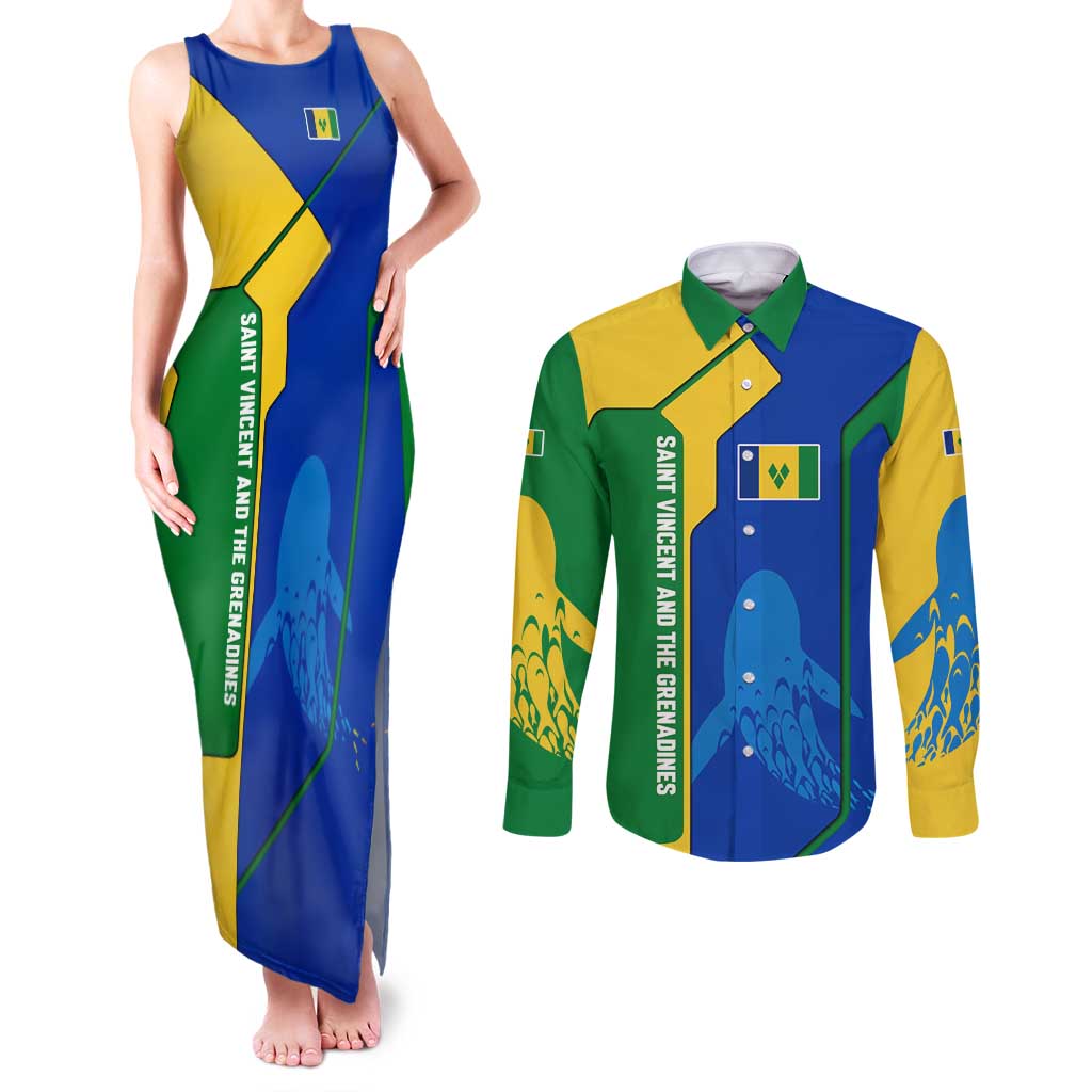 Saint Vincent and the Grenadines Flag Wave Map Couples Matching Tank Maxi Dress and Long Sleeve Button Shirt Caribbean Island Pride Pullover - Wonder Print Shop