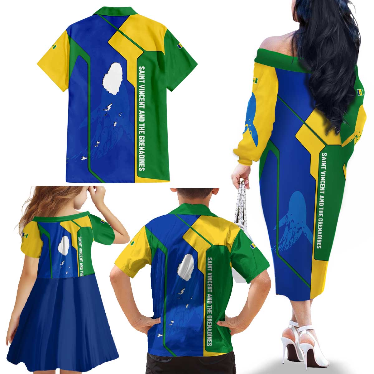 Saint Vincent and the Grenadines Flag Wave Map Family Matching Off The Shoulder Long Sleeve Dress and Hawaiian Shirt Caribbean Island Pride Pullover - Wonder Print Shop
