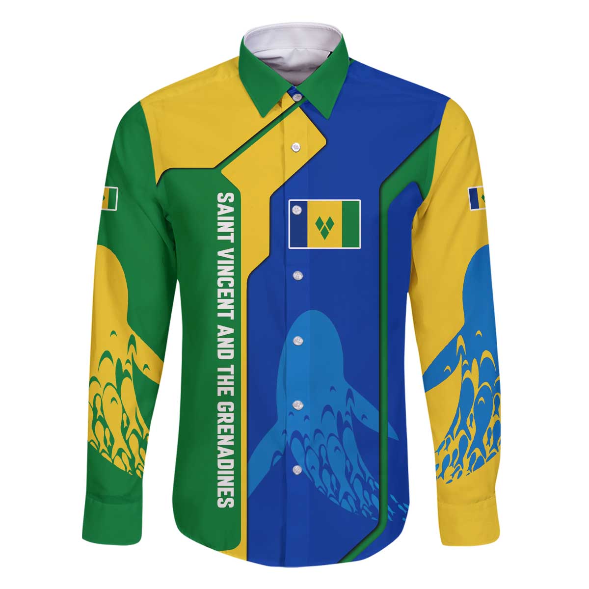 Saint Vincent and the Grenadines Flag Wave Map Family Matching Off The Shoulder Long Sleeve Dress and Hawaiian Shirt Caribbean Island Pride Pullover - Wonder Print Shop