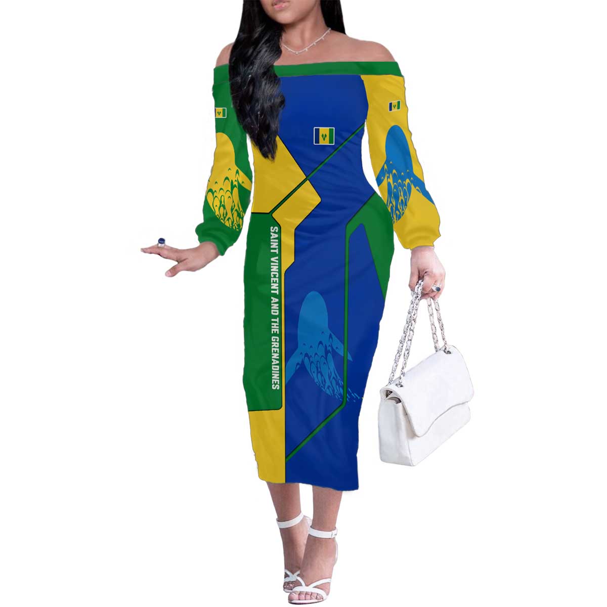 Saint Vincent and the Grenadines Flag Wave Map Family Matching Off The Shoulder Long Sleeve Dress and Hawaiian Shirt Caribbean Island Pride Pullover - Wonder Print Shop