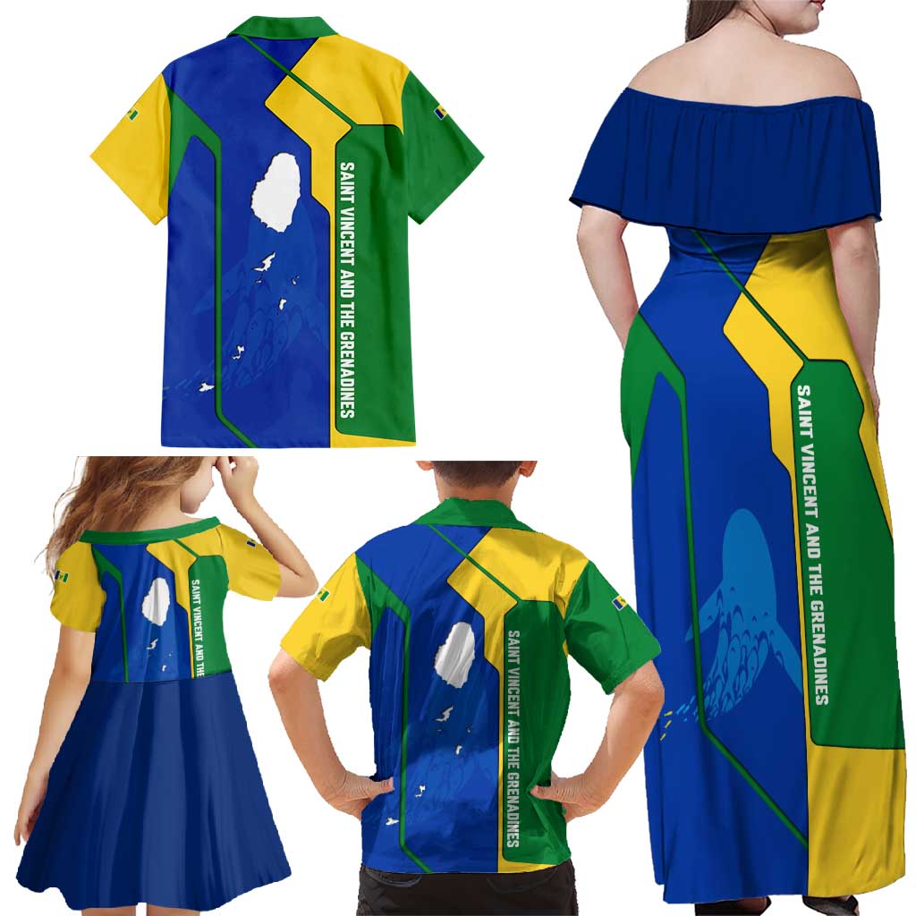 Saint Vincent and the Grenadines Flag Wave Map Family Matching Off Shoulder Maxi Dress and Hawaiian Shirt Caribbean Island Pride Pullover - Wonder Print Shop