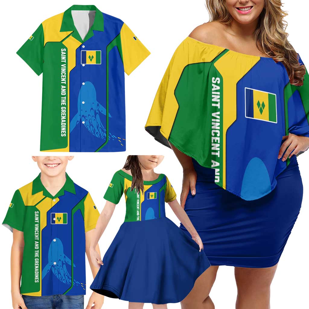 Saint Vincent and the Grenadines Flag Wave Map Family Matching Off Shoulder Short Dress and Hawaiian Shirt Caribbean Island Pride Pullover - Wonder Print Shop