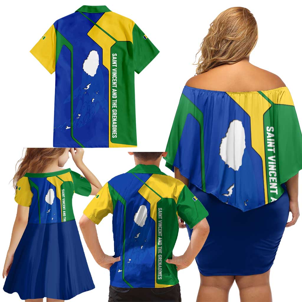 Saint Vincent and the Grenadines Flag Wave Map Family Matching Off Shoulder Short Dress and Hawaiian Shirt Caribbean Island Pride Pullover - Wonder Print Shop