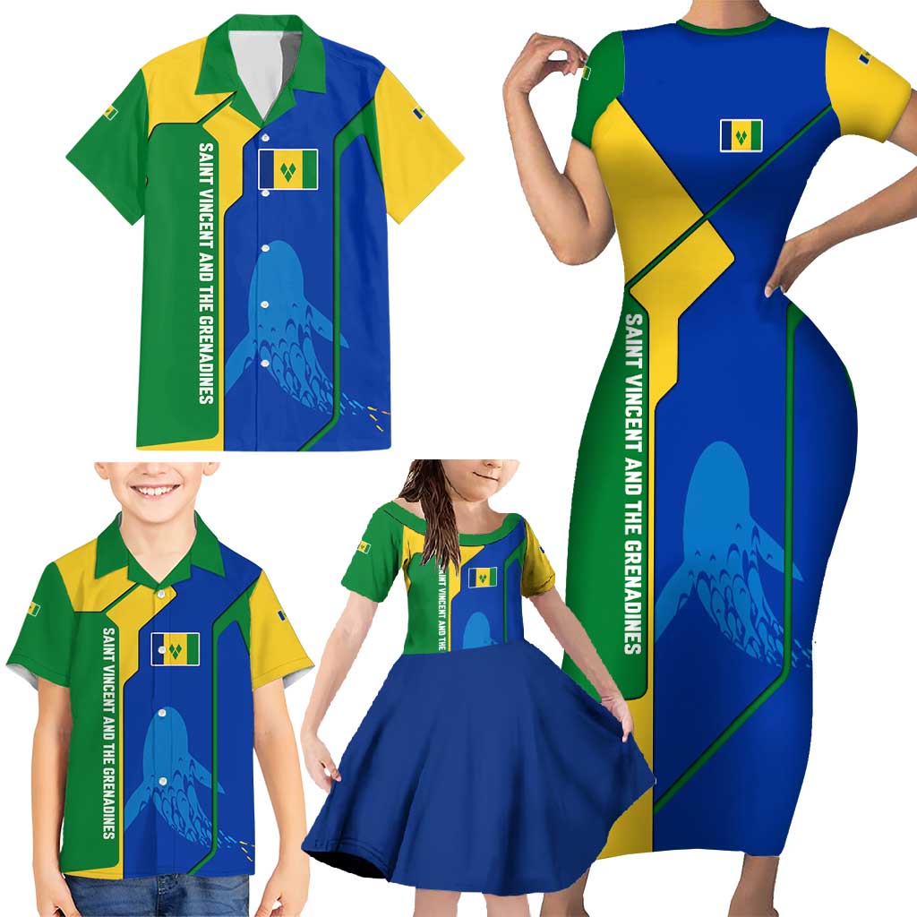 Saint Vincent and the Grenadines Flag Wave Map Family Matching Short Sleeve Bodycon Dress and Hawaiian Shirt Caribbean Island Pride Pullover - Wonder Print Shop