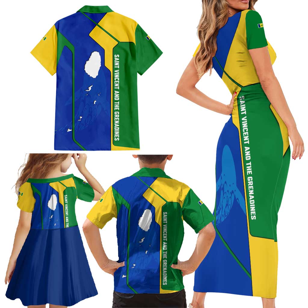 Saint Vincent and the Grenadines Flag Wave Map Family Matching Short Sleeve Bodycon Dress and Hawaiian Shirt Caribbean Island Pride Pullover - Wonder Print Shop