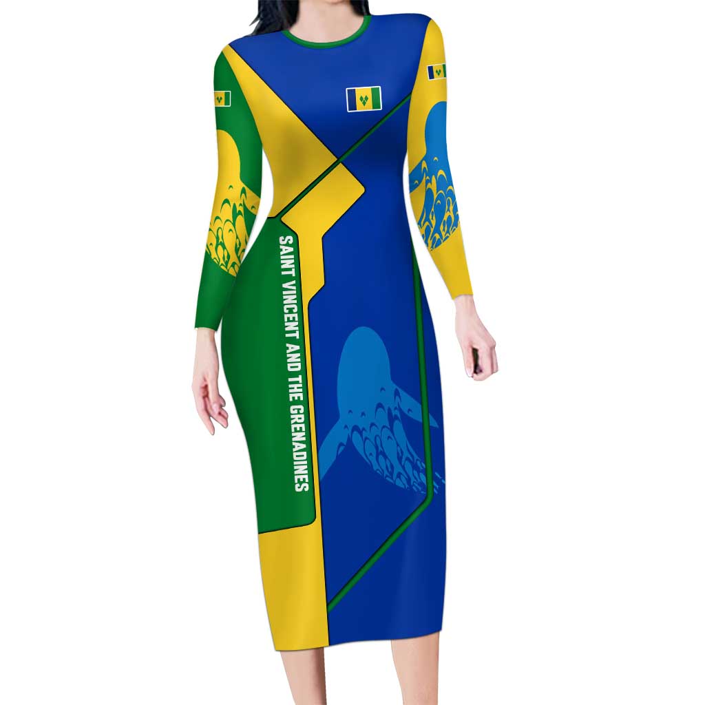 Saint Vincent and the Grenadines Flag Wave Map Long Sleeve Bodycon Dress Caribbean Island Pride Pullover - Wonder Print Shop