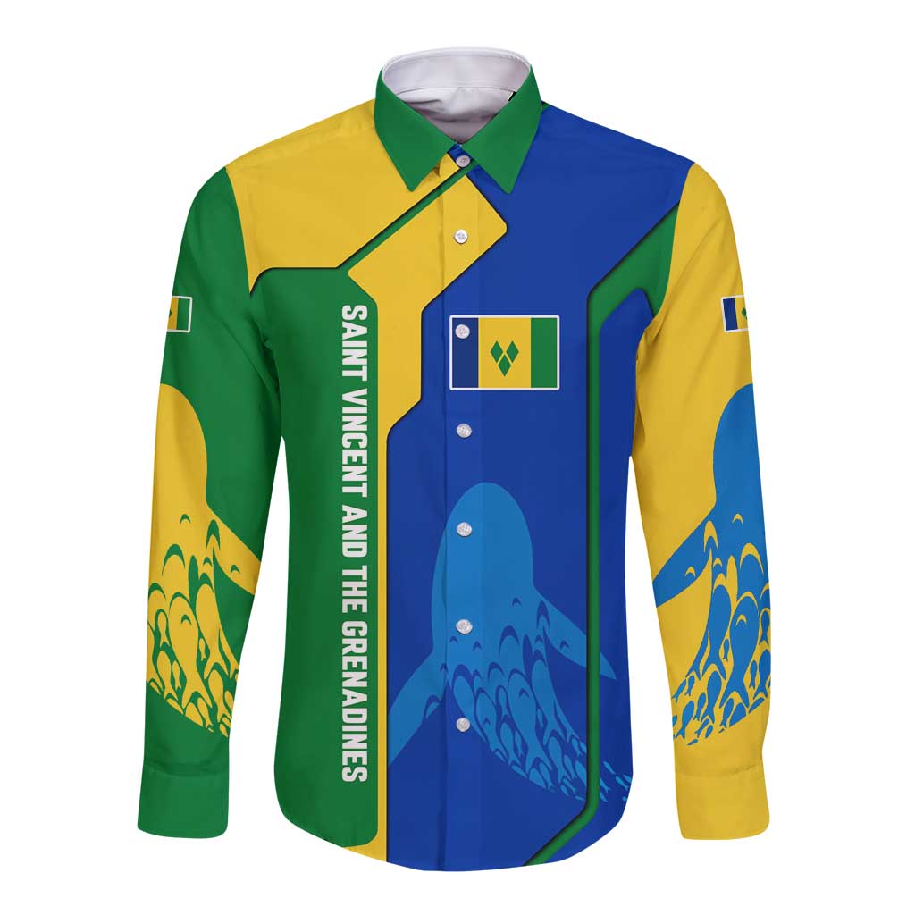 Saint Vincent and the Grenadines Flag Wave Map Long Sleeve Button Shirt Caribbean Island Pride Pullover - Wonder Print Shop