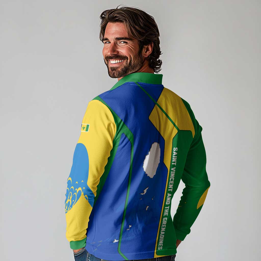 Saint Vincent and the Grenadines Flag Wave Map Long Sleeve Polo Shirt Caribbean Island Pride Pullover - Wonder Print Shop