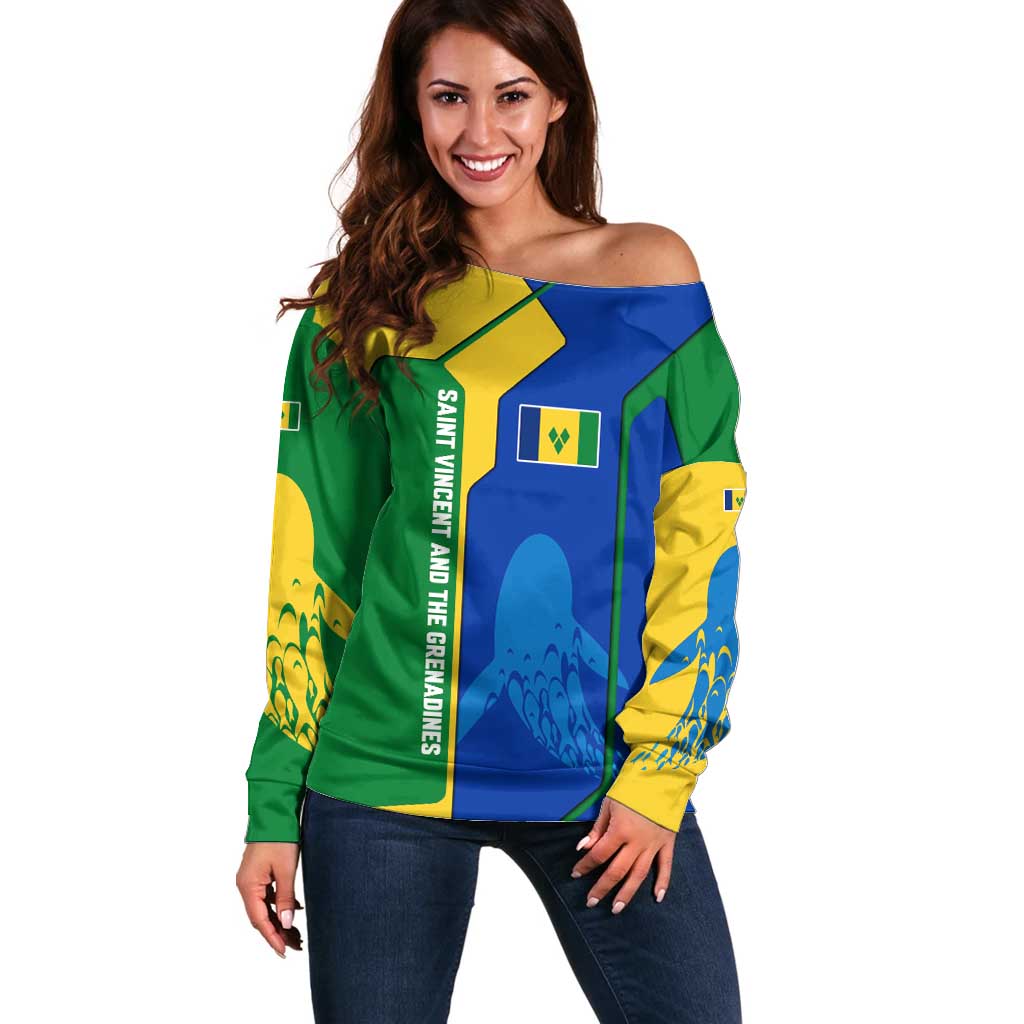 Saint Vincent and the Grenadines Flag Wave Map Off Shoulder Sweater Caribbean Island Pride Pullover - Wonder Print Shop