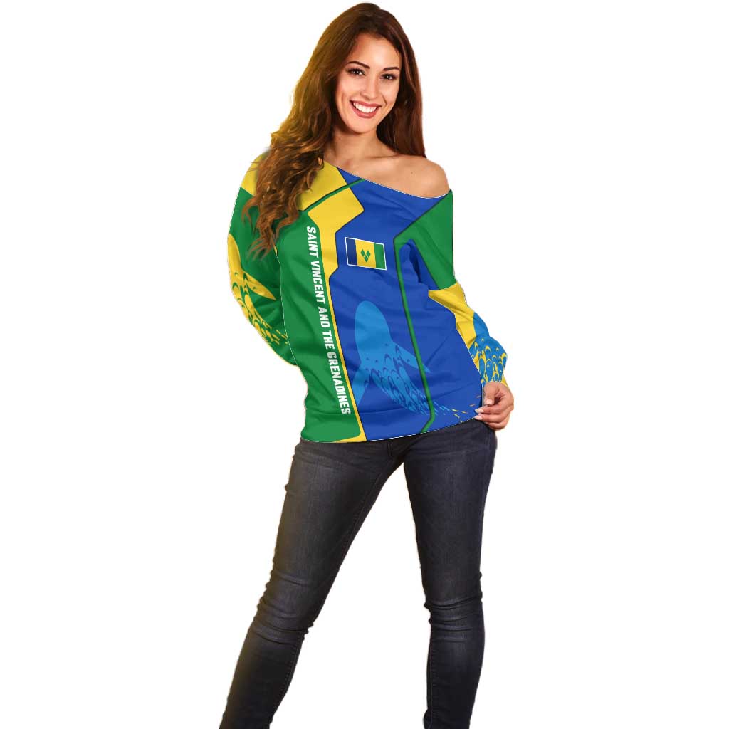 Saint Vincent and the Grenadines Flag Wave Map Off Shoulder Sweater Caribbean Island Pride Pullover - Wonder Print Shop